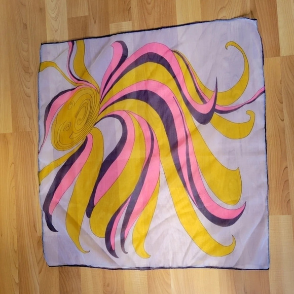 Vintage Psychedelic Yellow Pink Swirl Sheer Scarf 25x26 Mod Groovy Y2K Boho - Picture 1 of 4